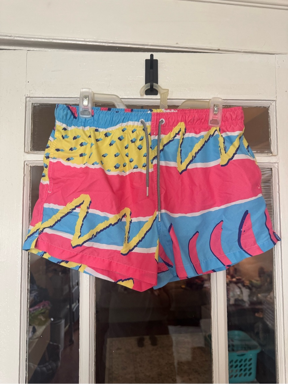 BOARDIES: Vibrant Retro Print Swim Shorts in Pink, Blue & Yellow